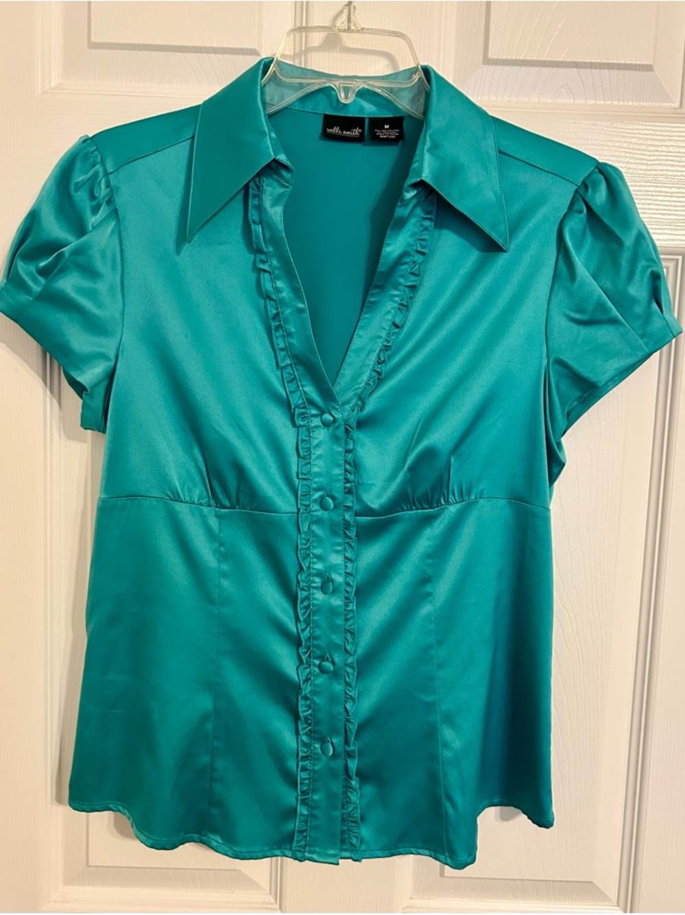 Willi‎ Smith Teal Satin Puff-Sleeve Button Front Blouse